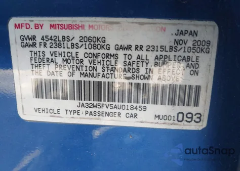 2010 Mitsubishi Lancer Evolution Mr/Mr Touring from USA, damaged, VIN JA32W5FV5AU018459